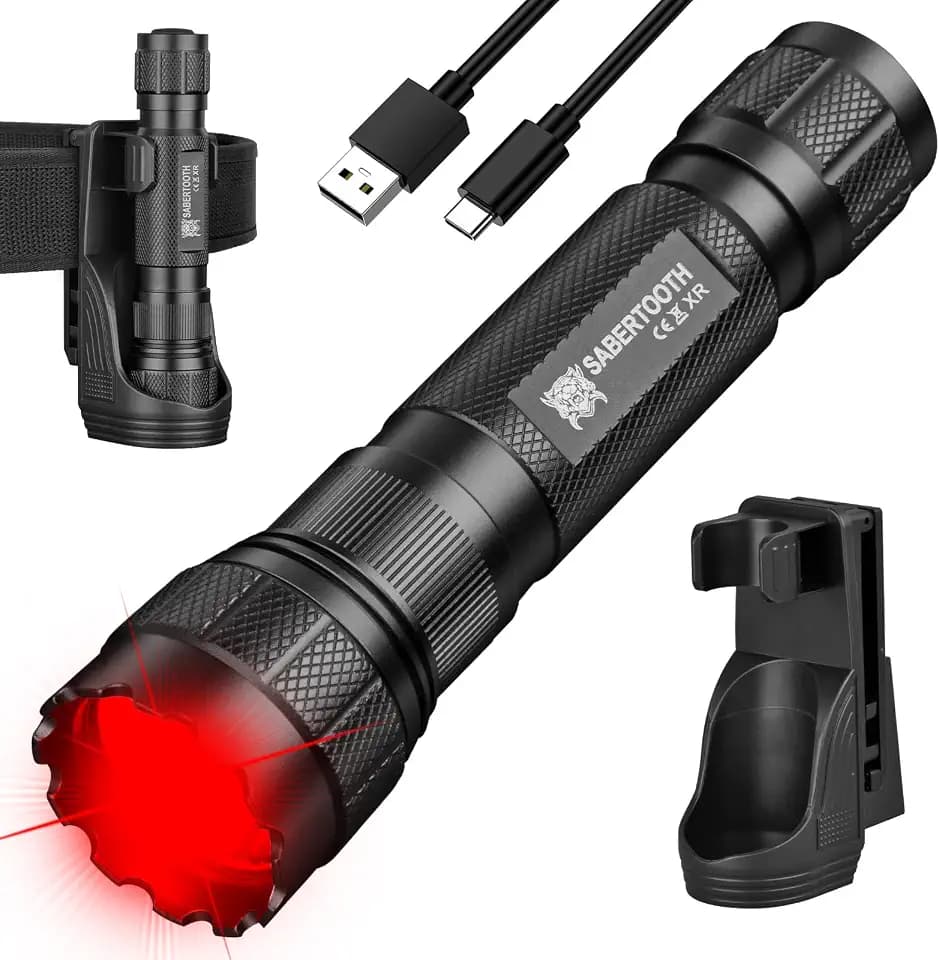 SABERTOOTH Red Hunting Light Rechargeable Tactical Flashlight with Holster 1800LM 340-yard Red LED Flashlight for Hunting Coyotes, Wild Boars, and Vermin