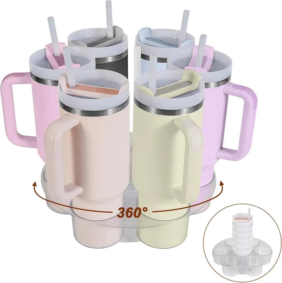 Aobiono Water Bottle Organizer for Stanley 40 oz Tumbler, Rotatable Cup Holder Stand 6 Slot Lazy Susan Spinning Carousel, Kitchen Cabinet Storage Accessories (Transparent)