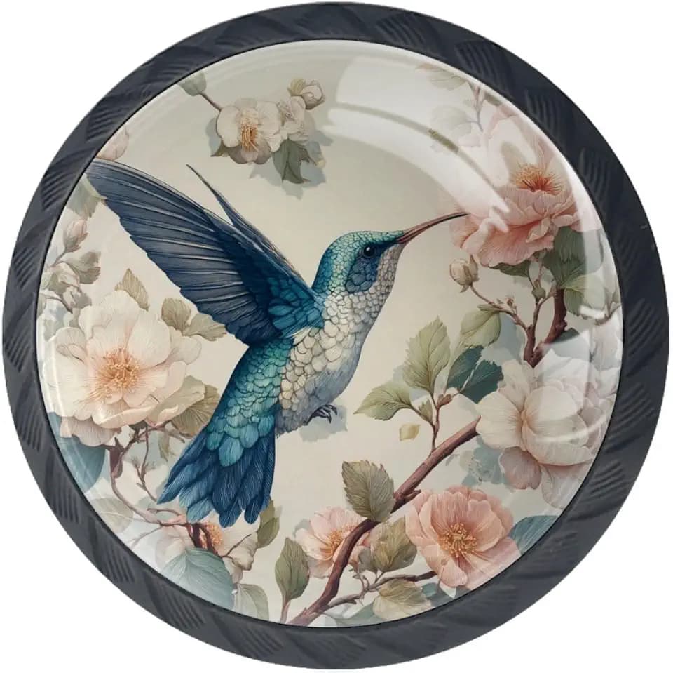 4 Pcs 1.37" Round Cabinet Knobs Hummingbird and Flowers Kitchen Cupboard Knob Black Drawer Hardware Pulls Dresser Handle with Screws Furniture Decoration