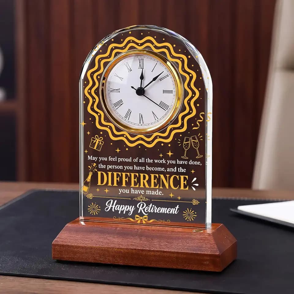 Retirement Style Crystal Glass Clock with Wooden Light Base, Engraved Quartz Desk Clock