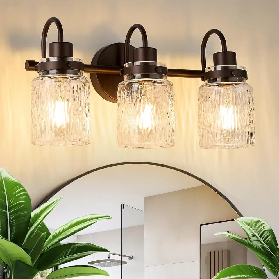 3 Lights Hammered Glass Bathroom Vanity Light, Oil Rubbed Bronze