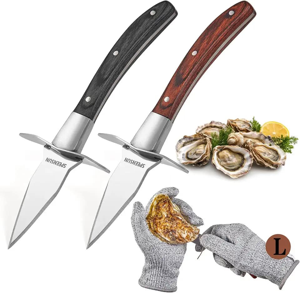 SPEENSUN Oyster Shucking Knife Set, Pakkawood Handle, Level 5 Gloves(L)