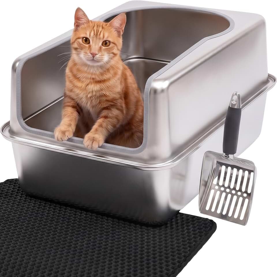 Katzenklo Edelstahl XXL – Leicht zu reinigen, geruchsresistent – Katzentoilette mit hohem Rand, 38L – Auslaufsicher, antihaftbeschichtet – Mit Schaufel & Matte