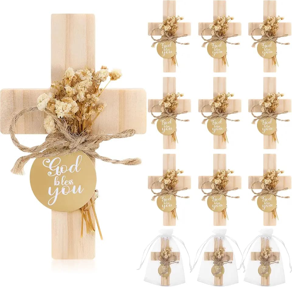 Flutesan 12 Sets Baptism Favors for Guests First Communion Wooden Cross Fridge Magnets with Flower and Bag, Christian Souvenirs Gift for Party Decoration, Baby Shower, Kitchen Decor (Classic,Brown)