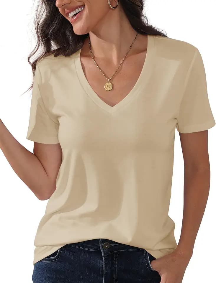 PALINDA Women's Classic Fit T Shirts Short Sleeve V Neck Casual Tee Shirt Summer Tops