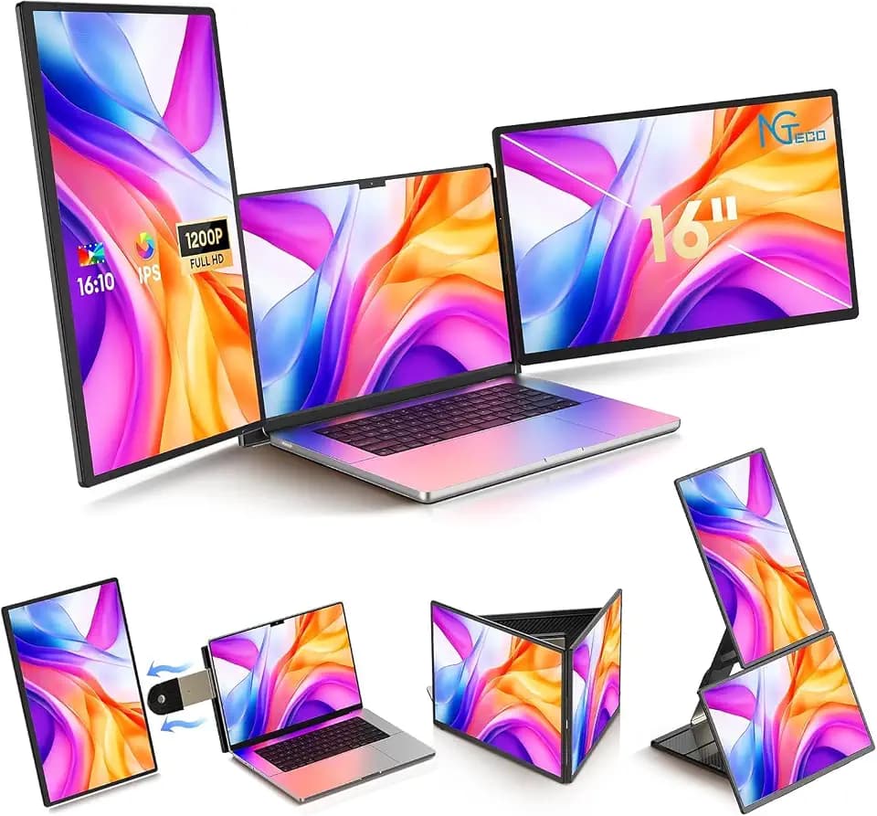 NGTeco Laptop Bildschirm Erweiterung, 16" FHD 1200P Triple Portable Monitor, Portable Screen with Type-C/HDMI/USB-A Port Plug & Play for Wins/Mac/Chrome