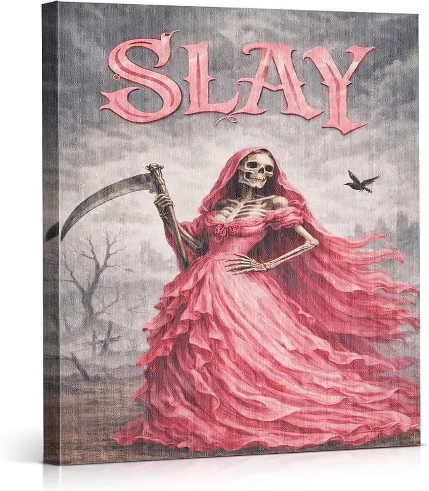 APOHBGV Gothic Skeleton Canvas Wall Art, Pink Reaper Lady Slay Painting, Dark Aesthetic Decor for Living Room Bedroom, Unique Gift for Goth Lovers, 8x10 Inch