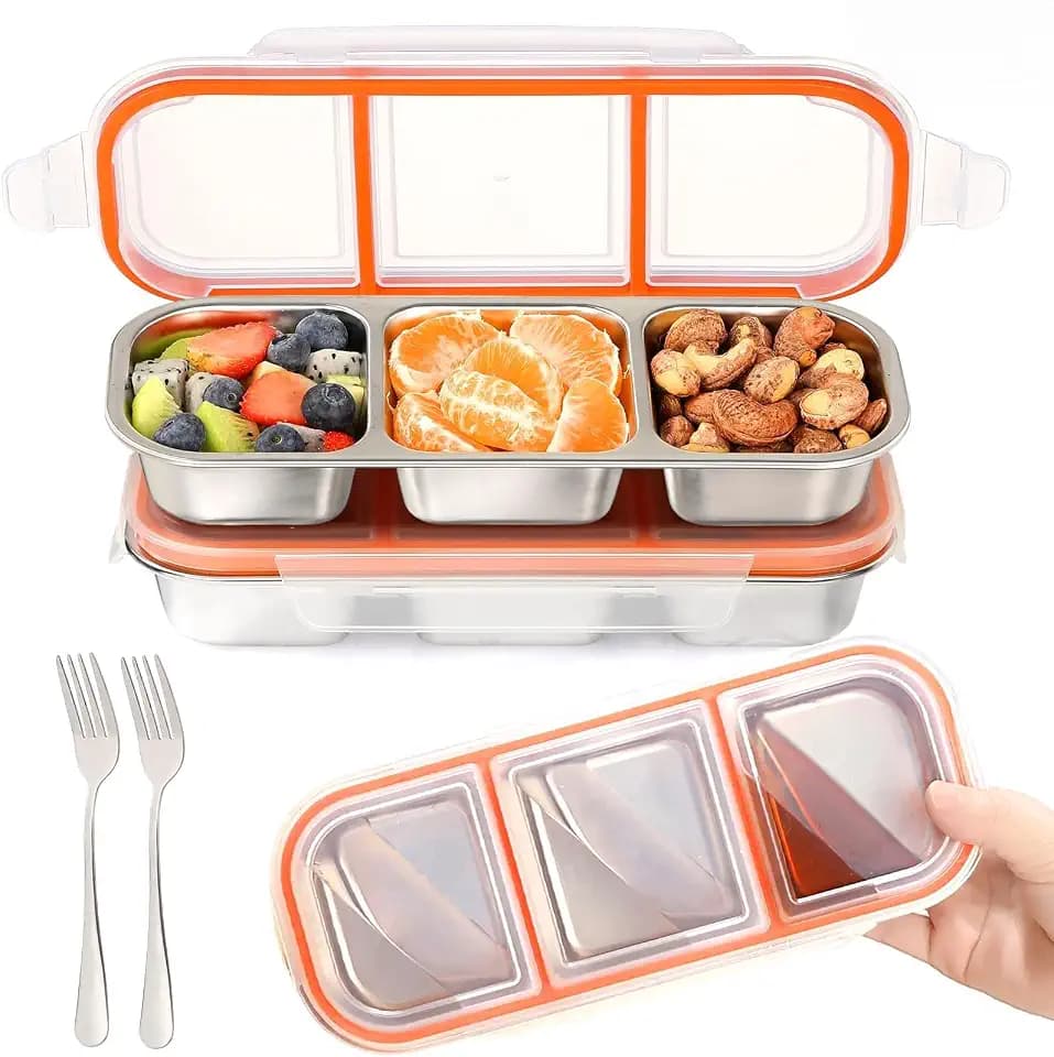 Stainless Steel Snack Containers Snack, Salad Container for Lunch, Condiment Containers with Lids, 3 Compartment Leak Proof Lunch Containers Divided Food Storage (Orange 3 Pack)