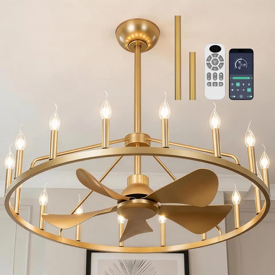 REDSTAR 43" Gold Wagon Wheel Chandelier Fan with Remote 16-Light