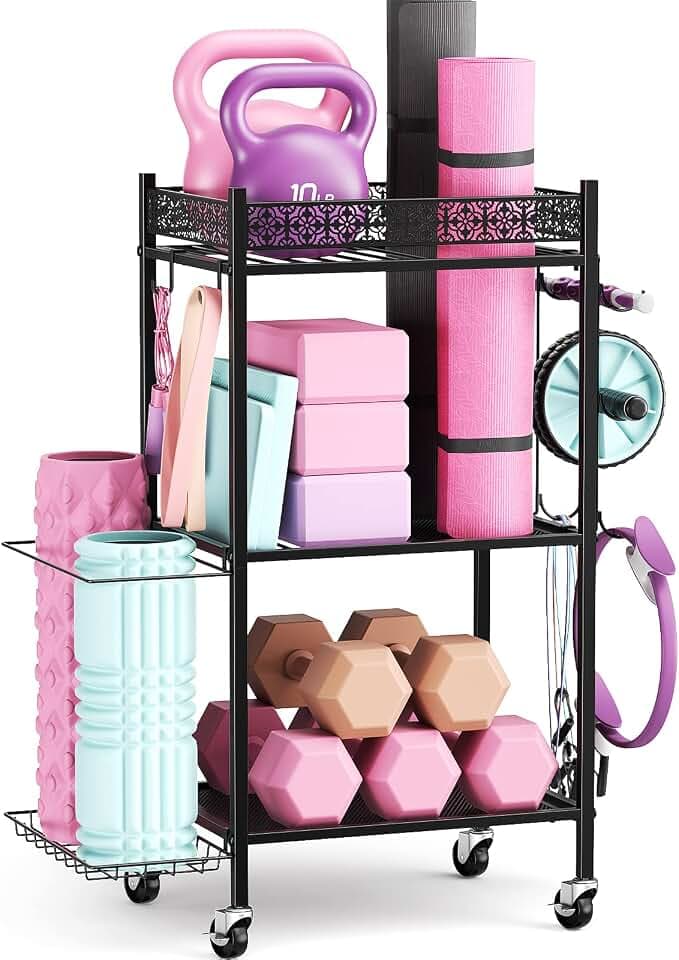 VOPEAK Home Gym Storage Rack, 3-Tier Yoga Mat Storage with Wheels & Hooks