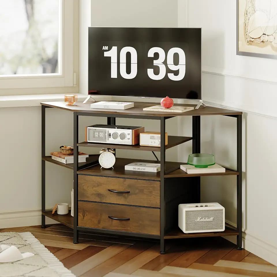 Corner TV Stand for 55 Inch TV with Drawers, Brown