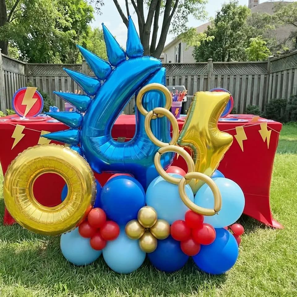 Speed Hedgehog 4th Birthday Balloon Centerpiece Set Royal Blue Red Gold Latex 40 Inch Number 4 Foil Gold Lightning Star Cones for Boys Racing Game Party Table Floor Decor (4th Red Blue)