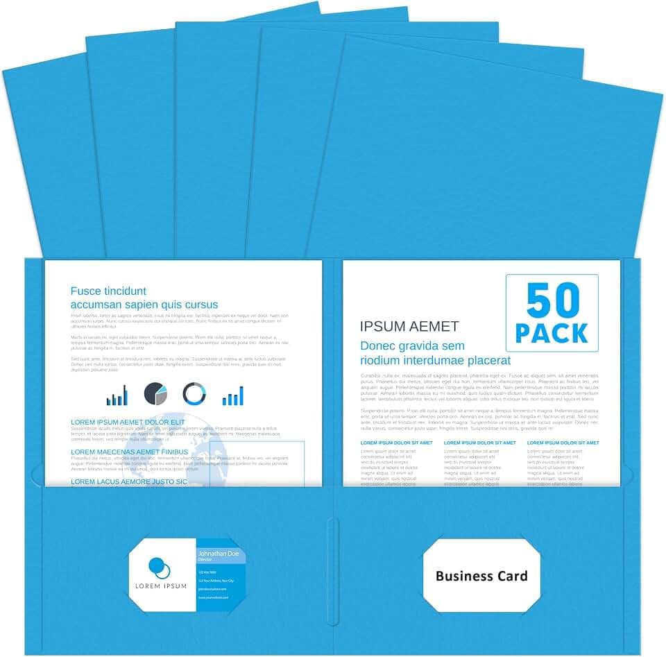 PANDRI Two Pocket Folders, Paper Folders with Pockets, 50 Pack, LightBlue