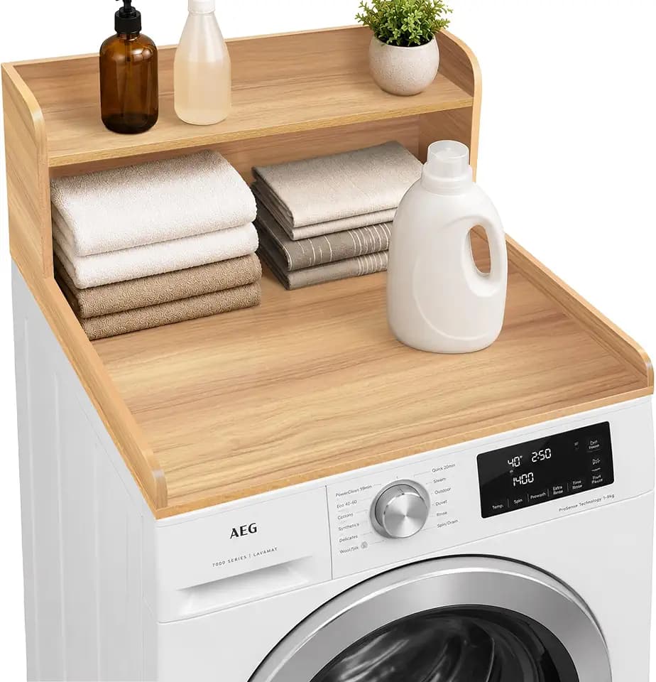 Royxen Single Washer Dryer Countertop, 2-Tier Laundry Countertop with Shelf, Soild Wood Core Washer Dryer Topper for Laundry Room Organization (Oak)
