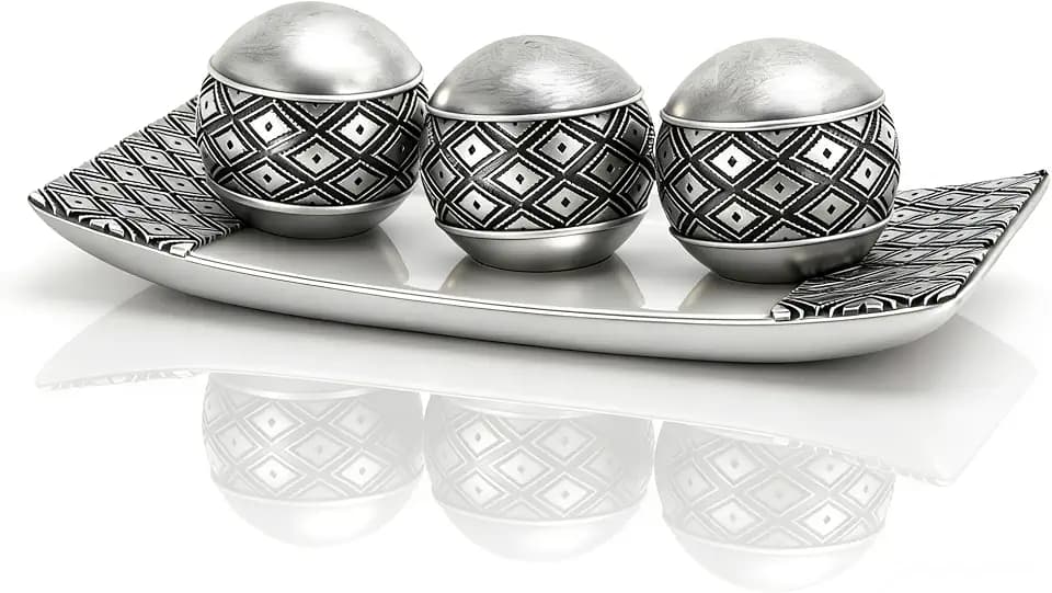 Metallic Silver Decorative Orbs with Tray Set, 3Pcs Resin Decorative Balls with Tray, Modern Accent Sphere for Coffee Table, Dining Table, Living Room, Entryway