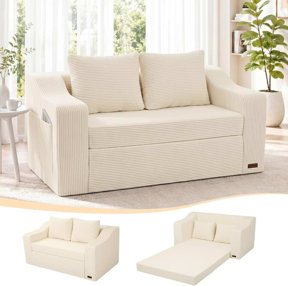 MeMoreCool 58" Boneless Loveseat Sofa Bed, Corduroy Pull Out, Beige