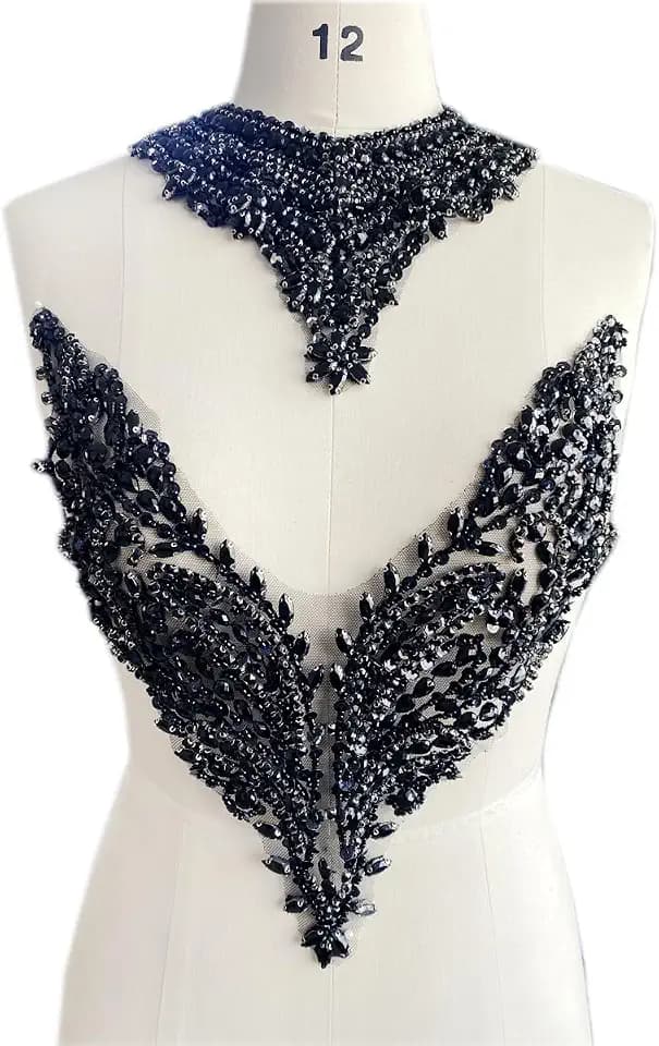 Handsewing Rhinestones Beads Applique for Dress Clothing Neckline and Chest Trim sew on Shining Crystal Sequins lace Patches one Set/Bag (Black)