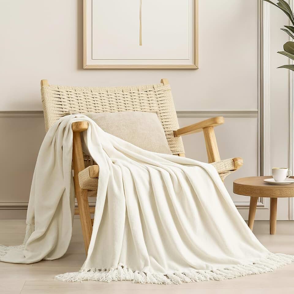EverGrace Chenille Knit Throw Blanket for Couch, 50"x60", Ivory White