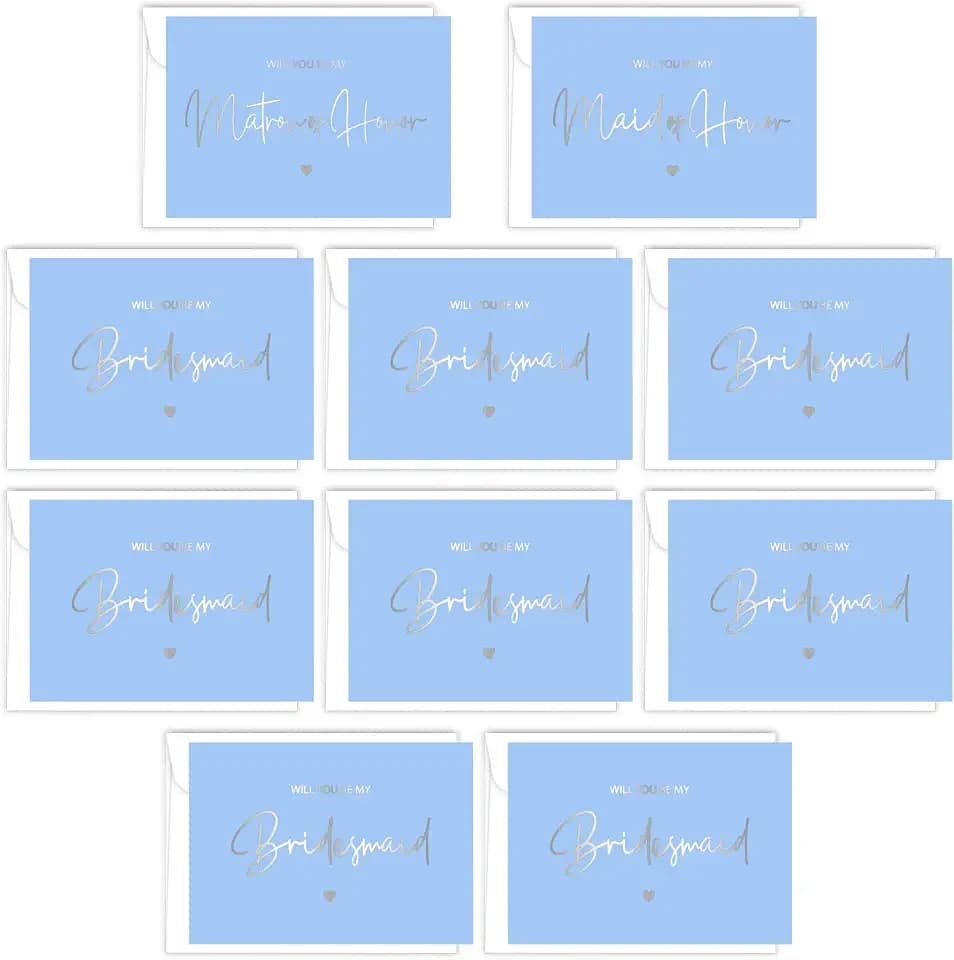 LotsBuyLots 10 Pack Bridesmaid Proposal Card with Envelopes 8 Will You Be My Bridesmaid Cards,1 Maid of Honor,1 Matron of Honor(Light Blue)