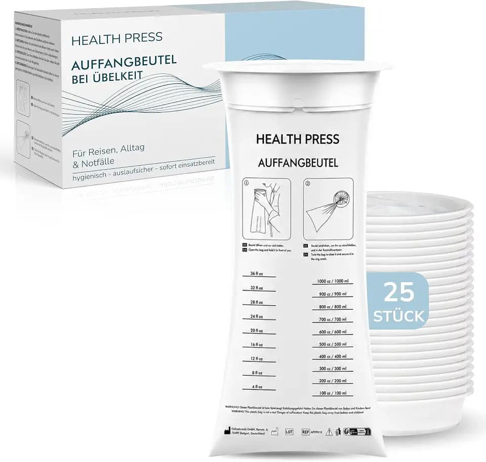 Health Press Auffangbeutel, 25 Brechbeutel mit Mundstück
