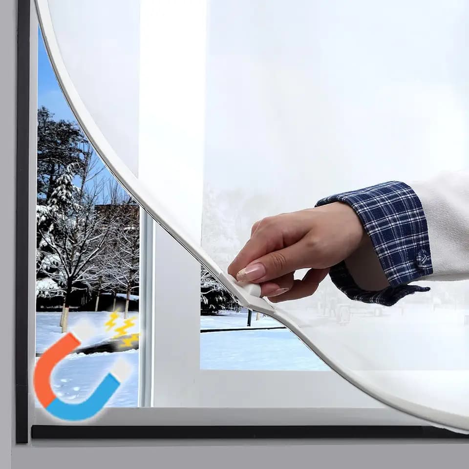 Magnetic Window Insulation Kit with Full-Perimeter Dual Magnetic Strips, Removable and Reusable 0.15 mm Thick Frosted EVA Privacy Cover, Replaceable Film, White Frame, Fits up to 51"X59"