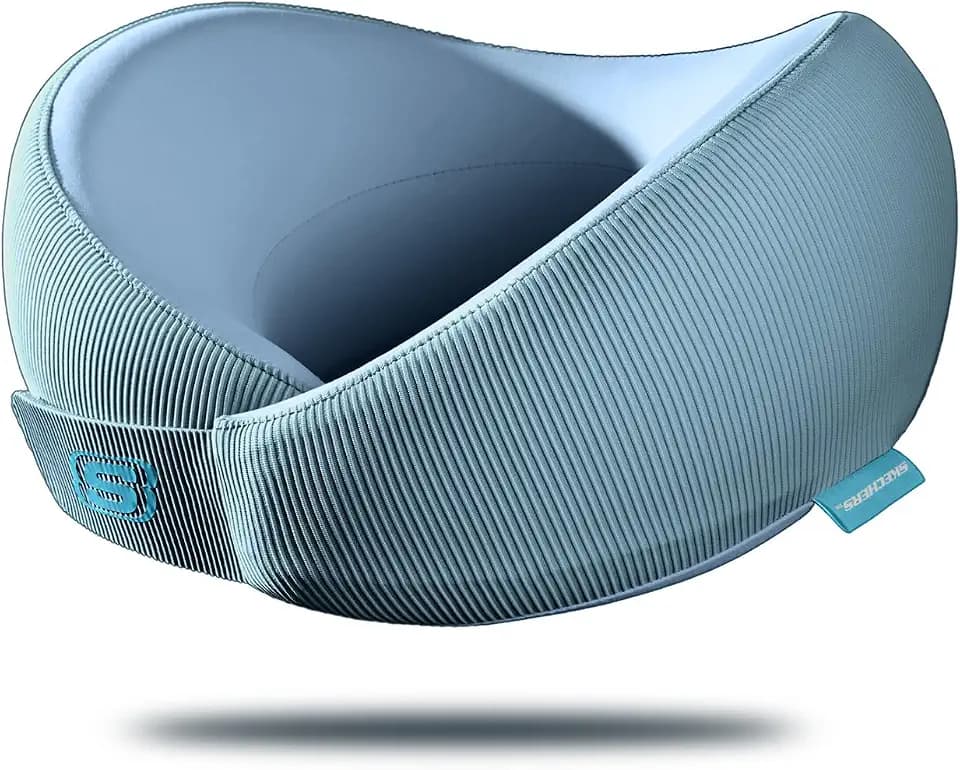 Skechers Memory Foam Neck Pillow, Comfortable & Breathable Travel Pillow,Neck Pillow Airplane for Travel, Car Rides, Home, and Office Use, Ergonomic Design for Men and Women,Light Blue