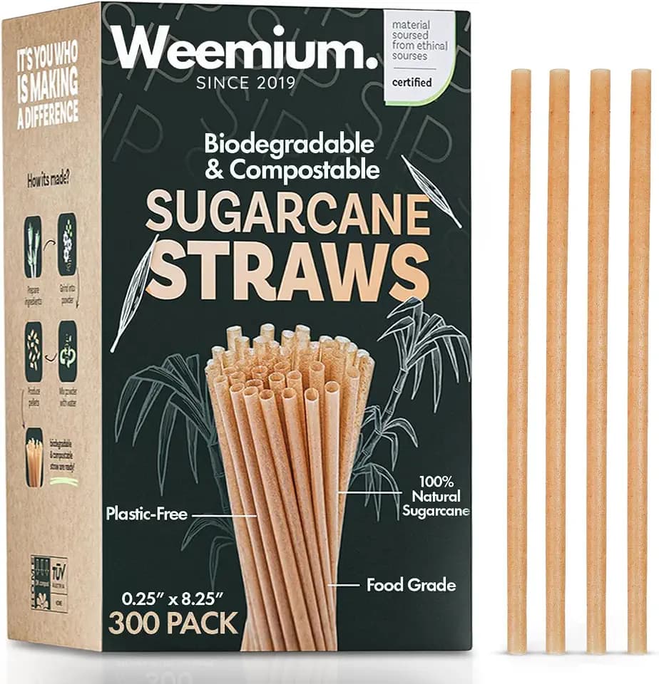 Biodegradable and Compostable Disposable Sugarcane Straws, 8.25", 300 Count