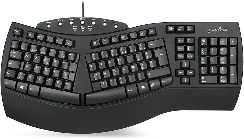 perixx PERIBOARD-512, Große ergonomische Tastatur, kabelgebunden, USB, für Windows – Schwarz, AZERTY