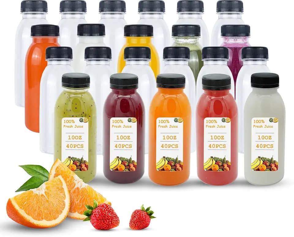 Holotap 42 Pcs 10 OZ Plastic Bottles with Caps, Empty PET Clear Disposable Bulk Juice Bottles with Black Tamper Evident Lids for Juicing, Protein Drinks and Other Beverage Containers