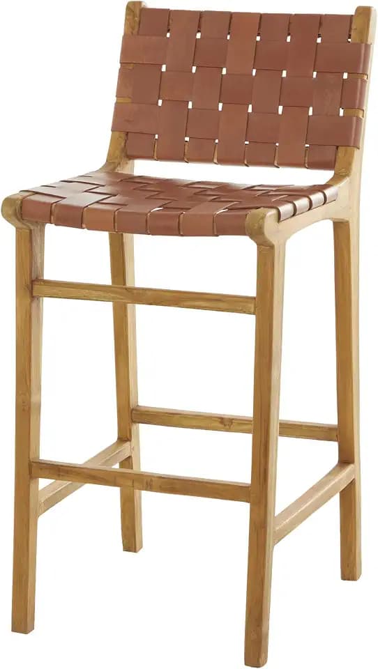 Deco 79 Teak Wood Woven Leather Seat and Back Bar Stool with Beam Footrest, 19" x 20" x 39", Brown