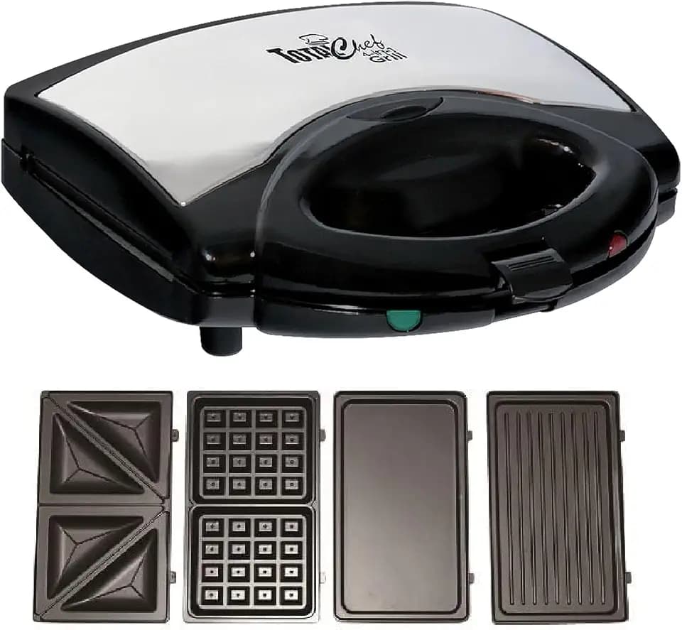 Total Chef 4-in-1 Interchangeable Cooking Surfaces, Countertop Grill Plus Open Griddle, Sandwich Press, Waffle Maker, Healthy Family Cooking, Home, Dorm or RV, BPA Free
