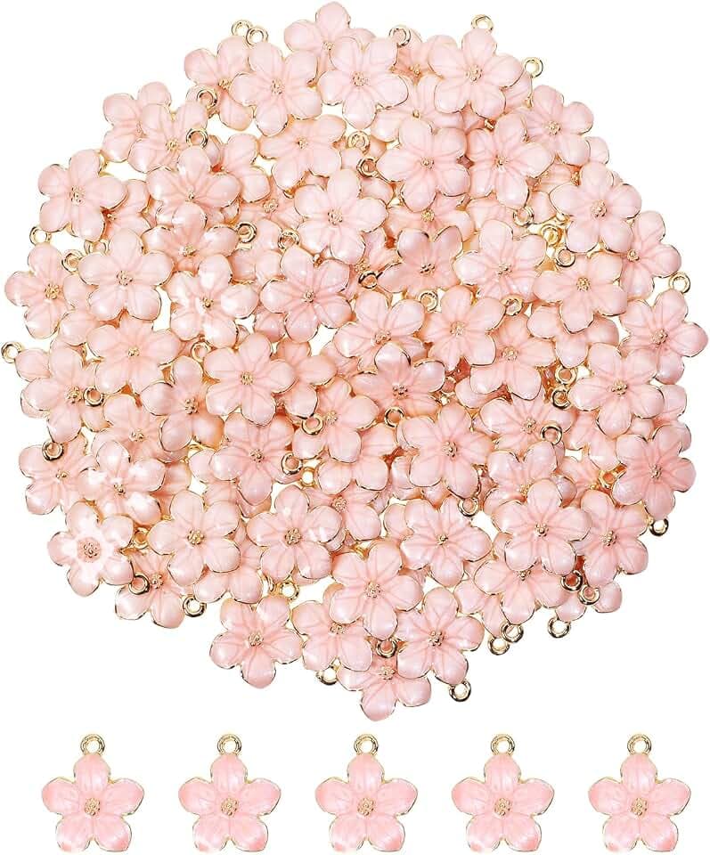 Tupalizy 100PCS Small Flower Enamel Charms Cherry Blossom Decor Gold Plated Pendant for Bracelets Necklaces Earrings Jewelry Making Findings Purse Keychains DIY Crafts Handmade Gifts Accessories