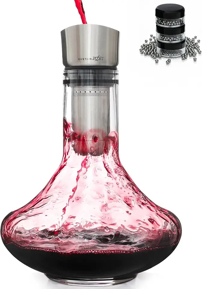 Gusto Nostro Crystal Wine Decanter with Aerator Pourer - Premium Hand-blown Lead-free Glass Wine Decanter Set for Red Wines - Carafe with Lid Filter for Smooth Pouring - Stainless Steel Spout Included
