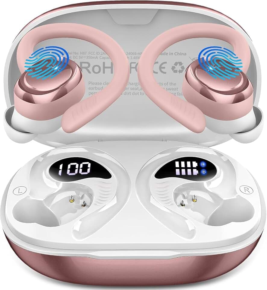 Bluetooth 5.4 Kopfhörer Sport, 2026 Neu In Ear Kopfhörer Kabellos Bluetooth mit 6D Stereo/4 ENC Mic, 50H Noise Cancelling Ear buds, Over-Ear Sportkopfhörer mit Ohrhaken, IP7 Wasserdicht Ohrhörer