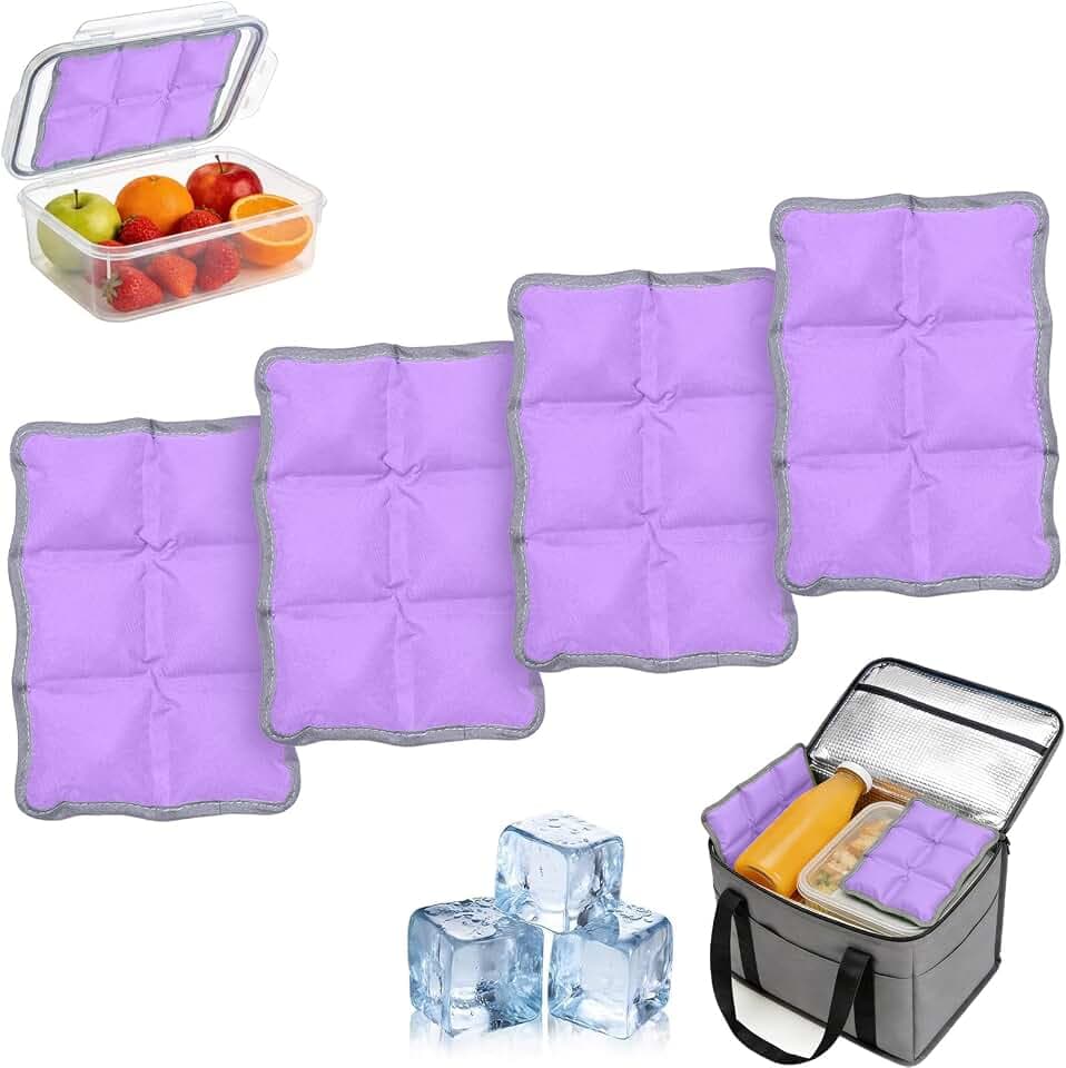 QuartzGlow 4pcs Reusable Ice Packs for Lunch Boxes & Coolers, (6”x4”x0.7”) Slim Freezer Packs for Lunch Bags, Small Non-Toxic Cooler for Picnic & Camping