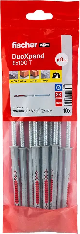 fischer DuoXpand 8 x 100 T, hochwertiger Universaldübel mit verzinkter Senkkopfschraube (10 Stk.), Dübel für starken Halt, ideal für poröse Baustoffe & randnahe Verankerungen