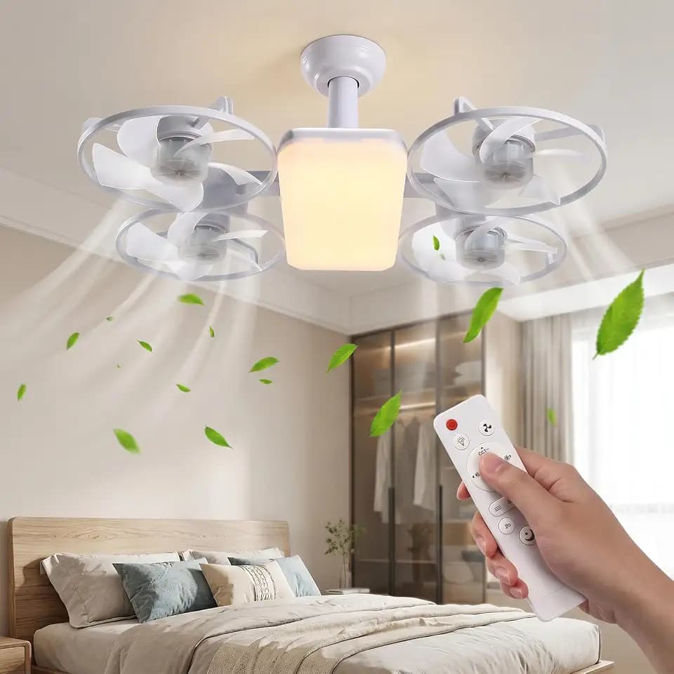 Socket Fan Light with Remote, Ceiling Fans with Lights - Drone-Style Led Ceiling Fan Light E27 Lamp Socket, 3 Colors, Extension Rod for Bedroom, Living Room, Office