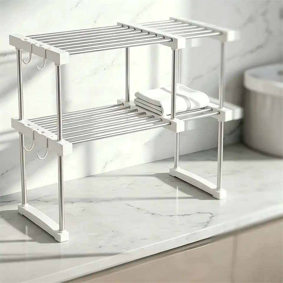 BLULEE Expandable Under Sink Organizer, No-Drill Adjustable Shelf
