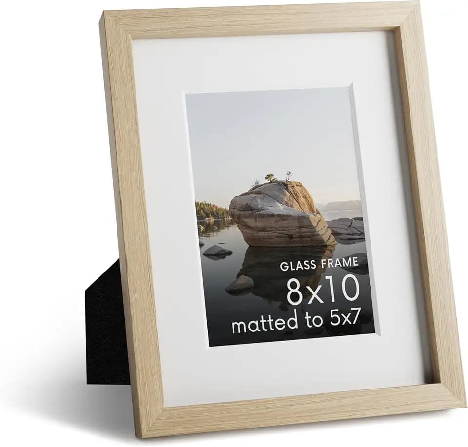 HAUS AND HUES 8x10 Picture Frame with Real Glass and Natural American Oak Matted to 5x7 - Oak Picture Frame Wood - Includes Easel Back, Vertical Hang - Ideal for Home, Office (8x10 in, Natural)