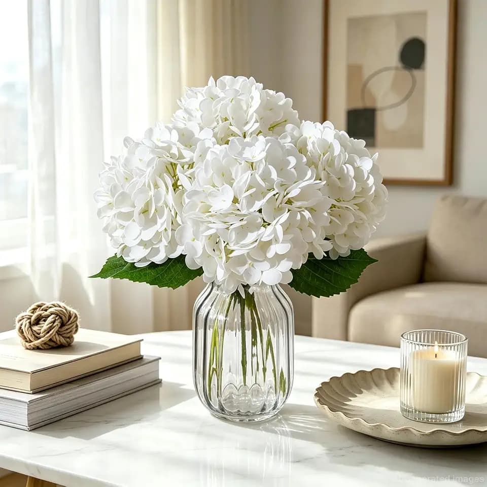 4 Pcs White Artificial Hydrangea Flowers with Stems, Faux Bouquet