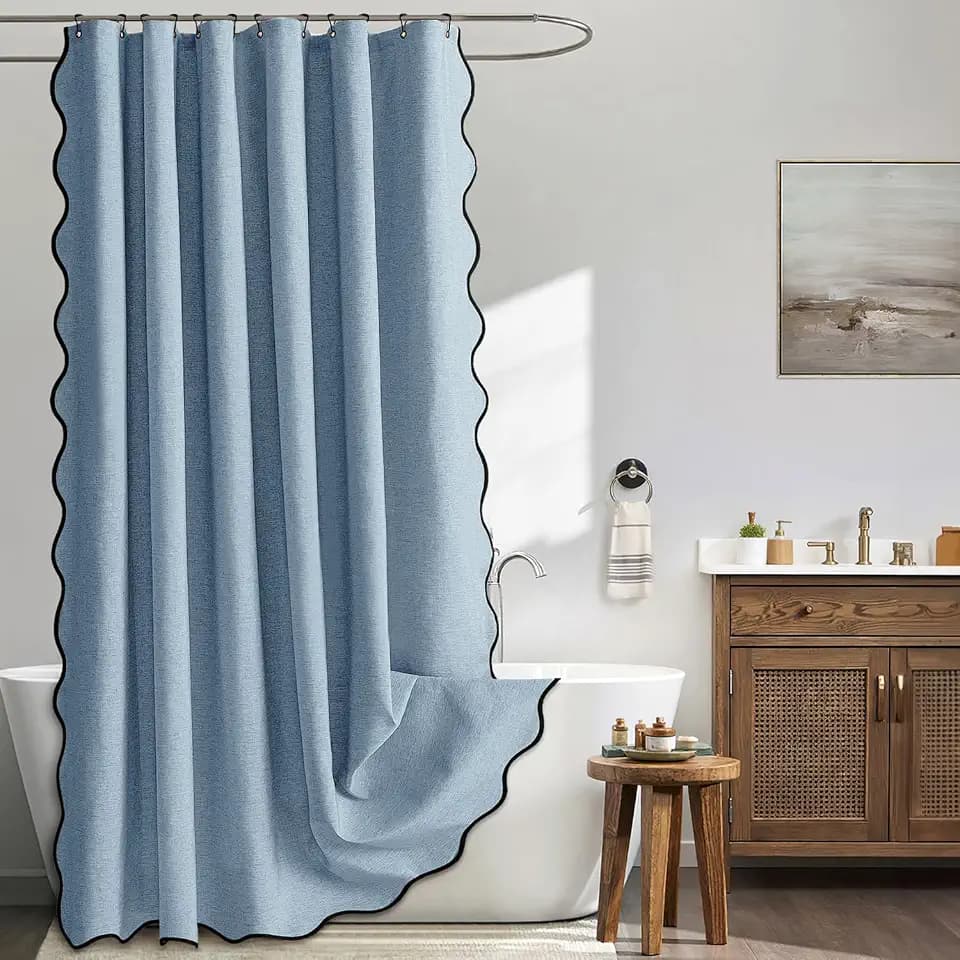 MIULEE Moonlight Blue Scalloped Linen Shower Curtain 72x72 Inches