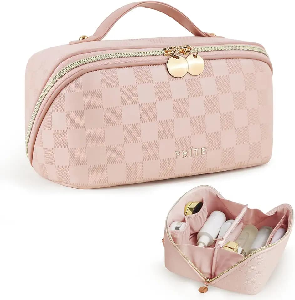 Prite Makeup Bag Travel Toiletry Bag Open Flat Cosmetic Organizer for Women