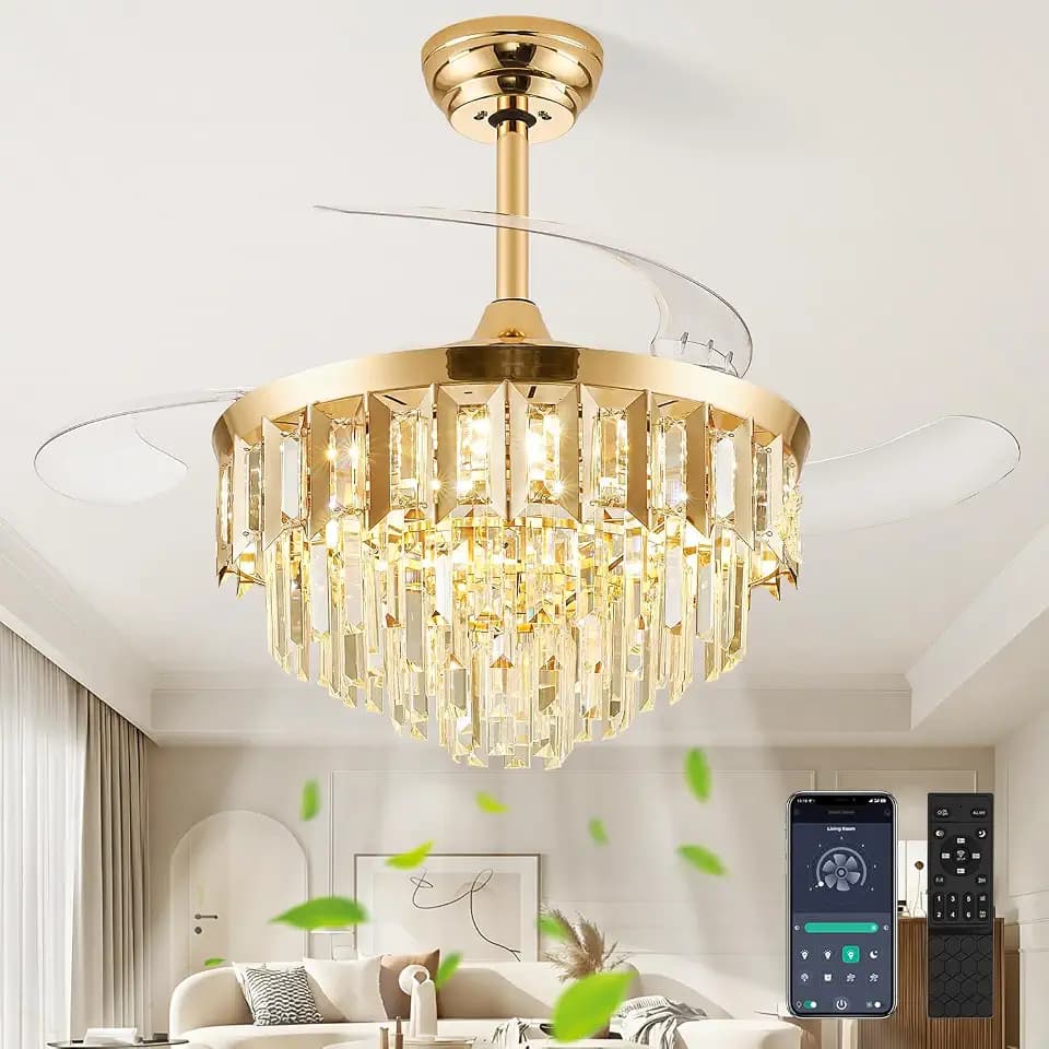TXCSLY 42" Gold Fandelier Ceiling Fan with Light, Crystal Chandelier Fan