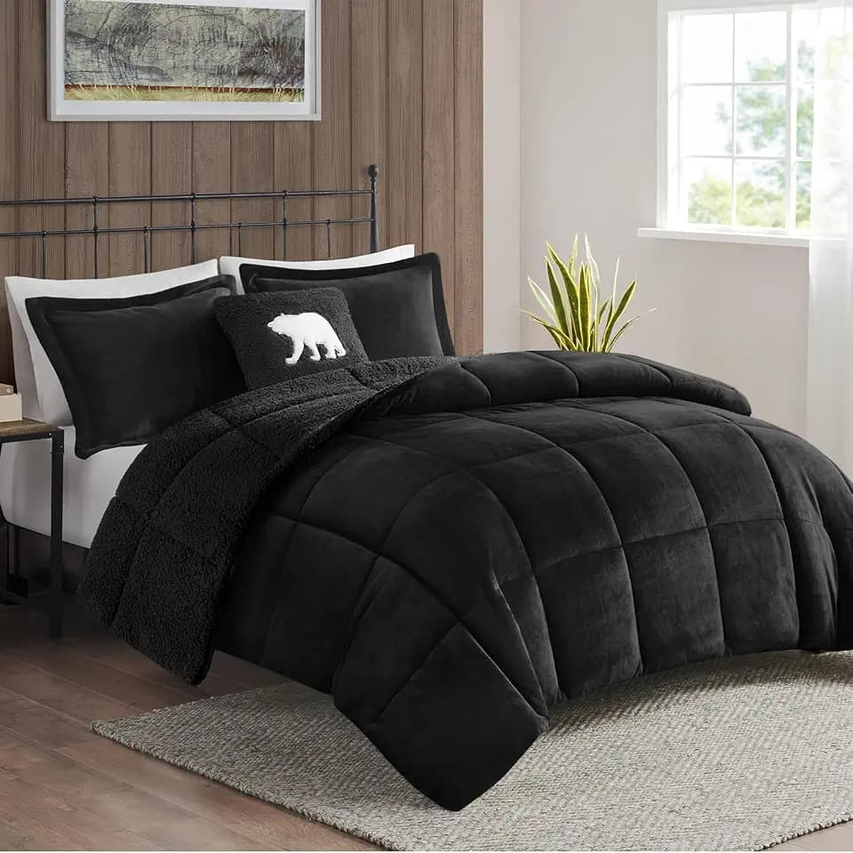 Woolrich Soft Plush Sherpa Reversible King Comforter Set, Black & Black 4PC