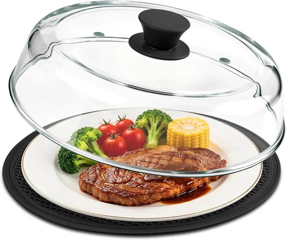10inch Glass Microwave Splatter Cover for Food with Silicone Mat – Heat Resistant Plate Splatter Guard Lid with Vent Holes & Easy-Grip Handle – BPA Free, Dishwasher Safe