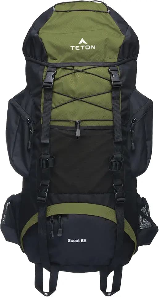 Teton 55L Scout Internal Frame Backpack for Hiking, Camping, Backpacking, Travel, Rain Cover Included, Olive