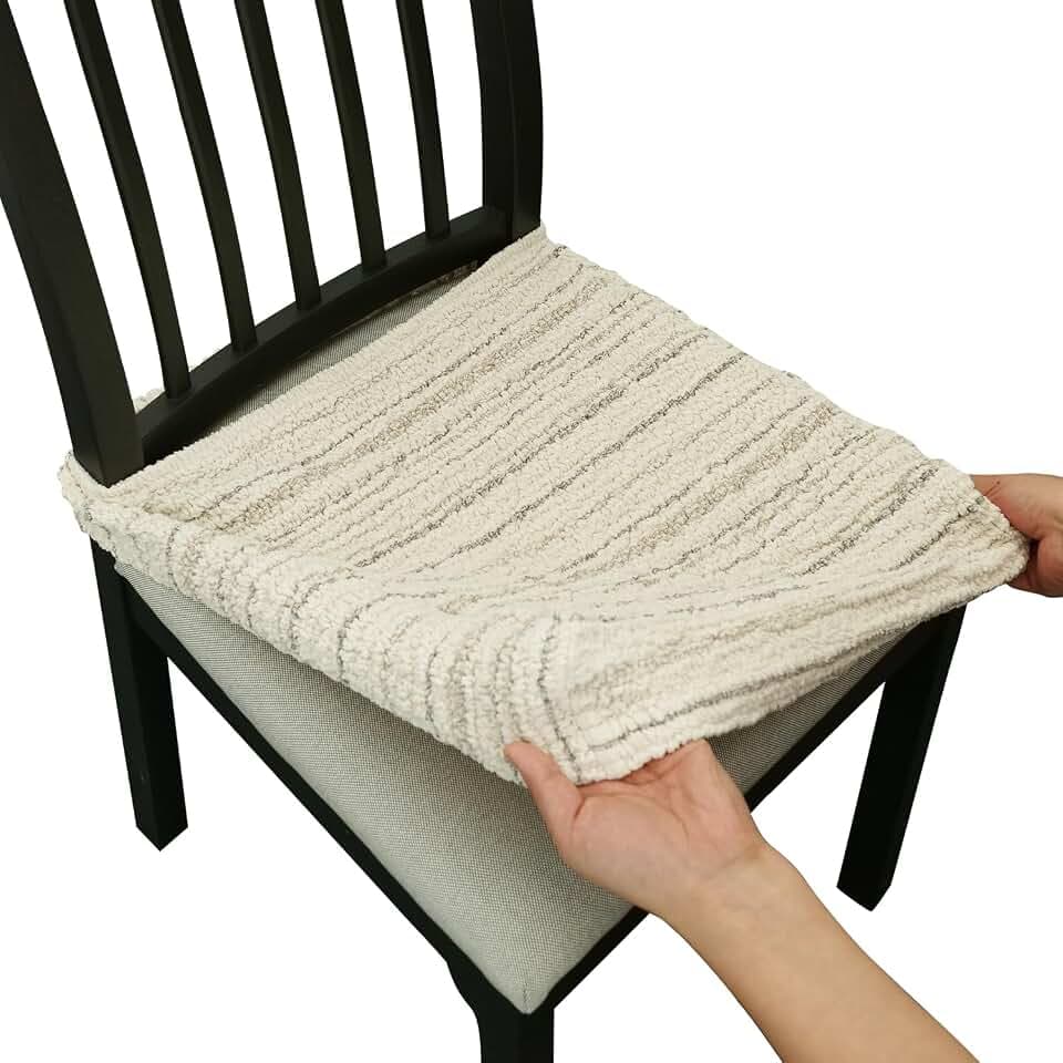 Heavyweight Cotton Dining Seat Covers for Chairs (Creamy White, Set of 2), Woven Stretch Fabric Slipcovers for Dining Room or Kitchen, Extra Durable and Machine Washable