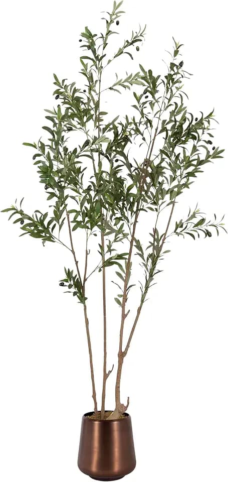 Kate and Laurel Oliveira Faux Olive Tree with Portell Metal Planter Pot, 7 FT, Bronze, Potted Artificial Olive Plant Tree with Realistic Foliage and Added Moss, Fake Plant Living Room Decor