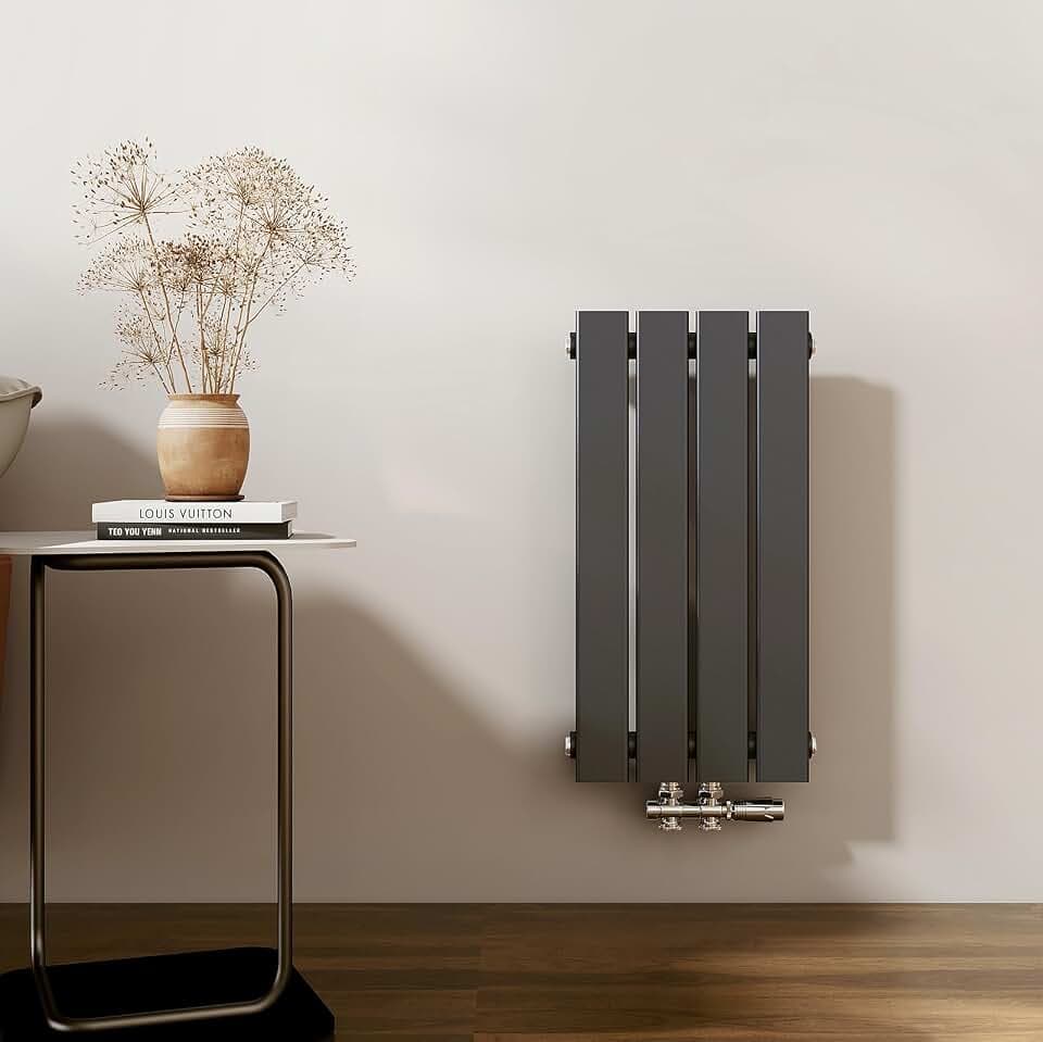 EMKE Design Heizkörper Klein 600x304 mm Vertikal Flachheizkörper mit Mittelanschluss, Einlagig Paneelheizkörper Wandheizkörper für Bad, Schlafzimmer & Wohnzimmer, Anthrazit 210W
