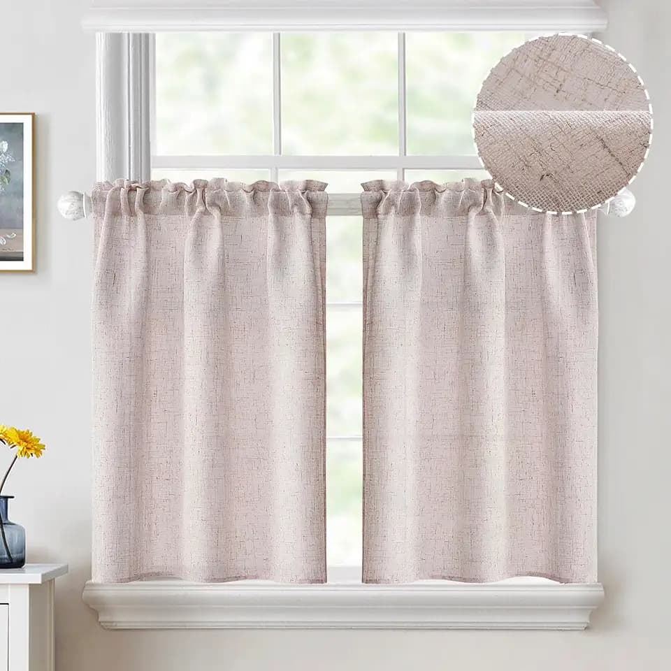 MIULEE Linen Textured Kitchen Curtain 36 Inch Length over Sink Semi Sheer Light Filtering Half Window Curtain Farmhouse Short Rod Pocket Tier Cafe Curtain 2 Panels for Bathroom Basement, Natural White